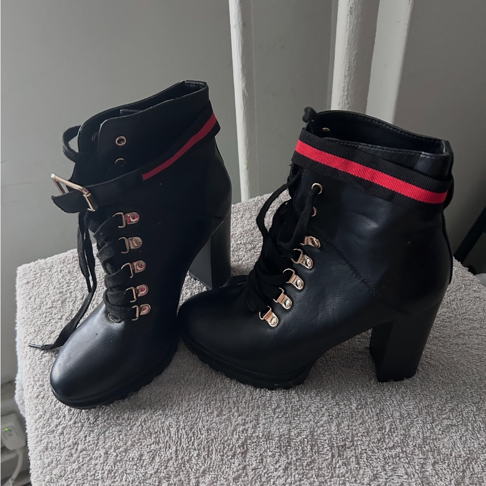 Black Lace-Up Ankle Boots with Red Stripe